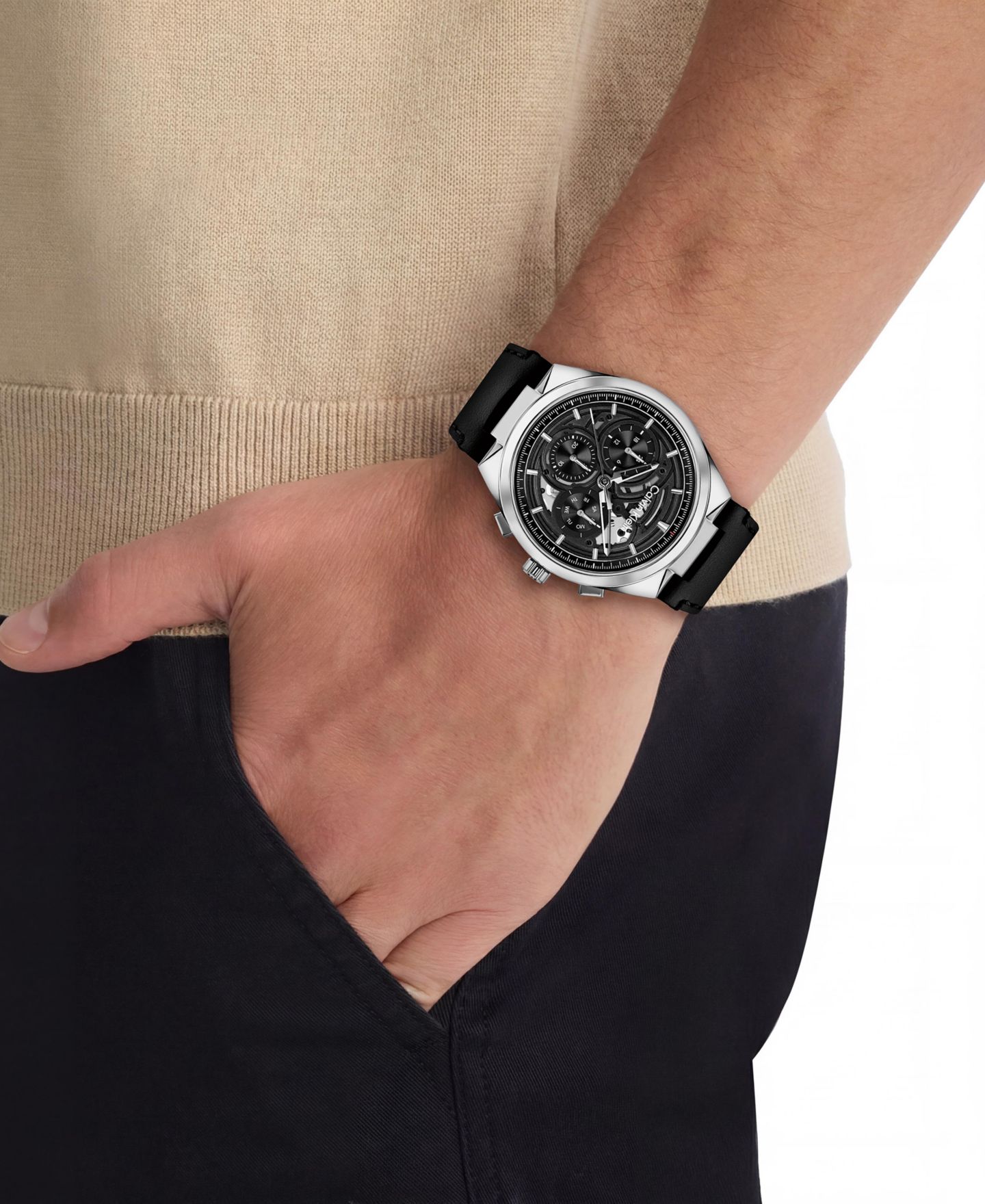 Мужские часы Calvin Klein Distinguish Skeleton Black Leather Strap Watch 44mm — фото 4