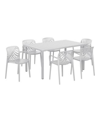 7-Piece Outdoor Metal Rectangle Patio Dining Table Set With Stackable Resin Patio Dining Chairs