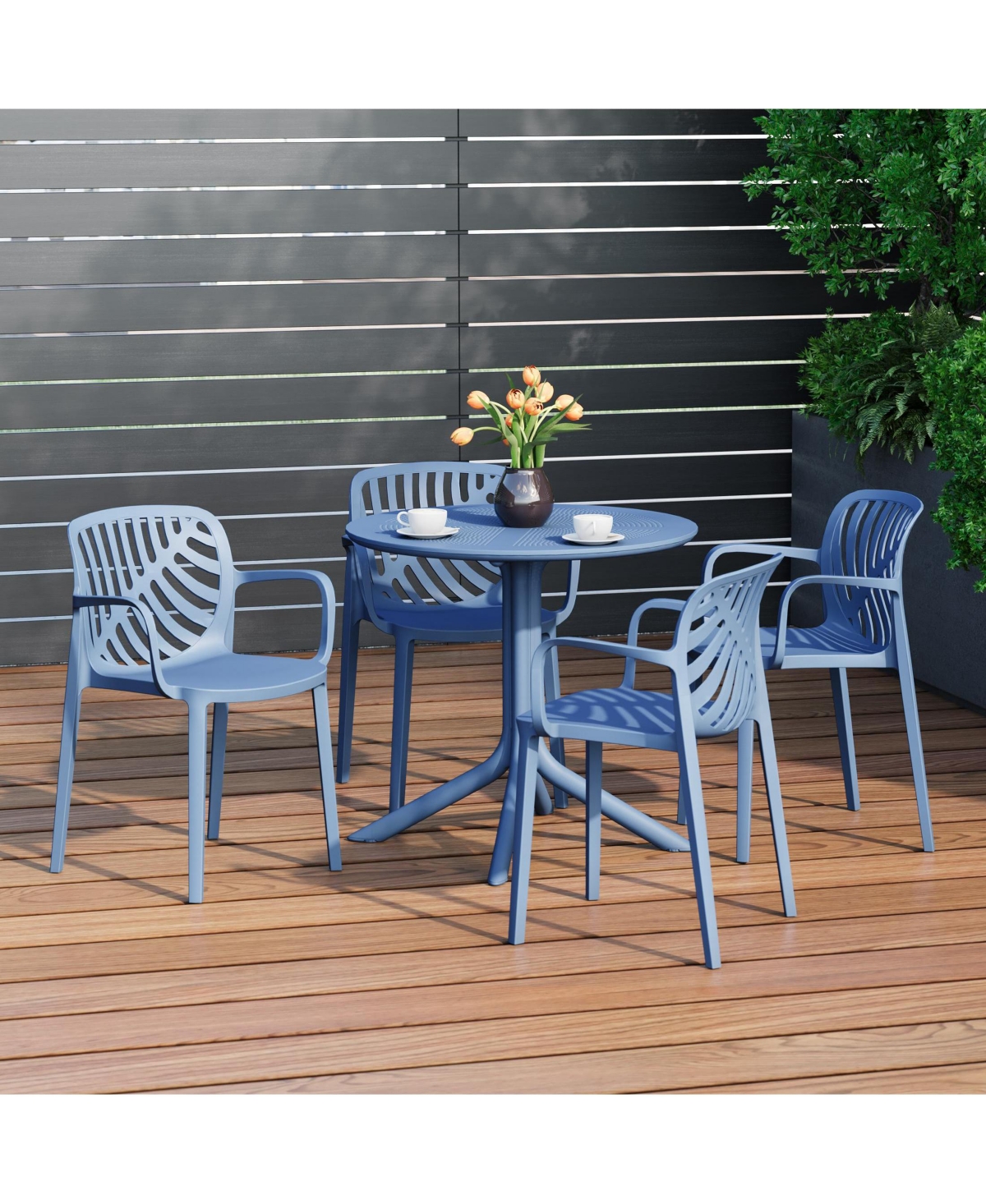 5-Piece Outdoor Resin Round Patio Dining Table Set with Modern Stackable Chairs