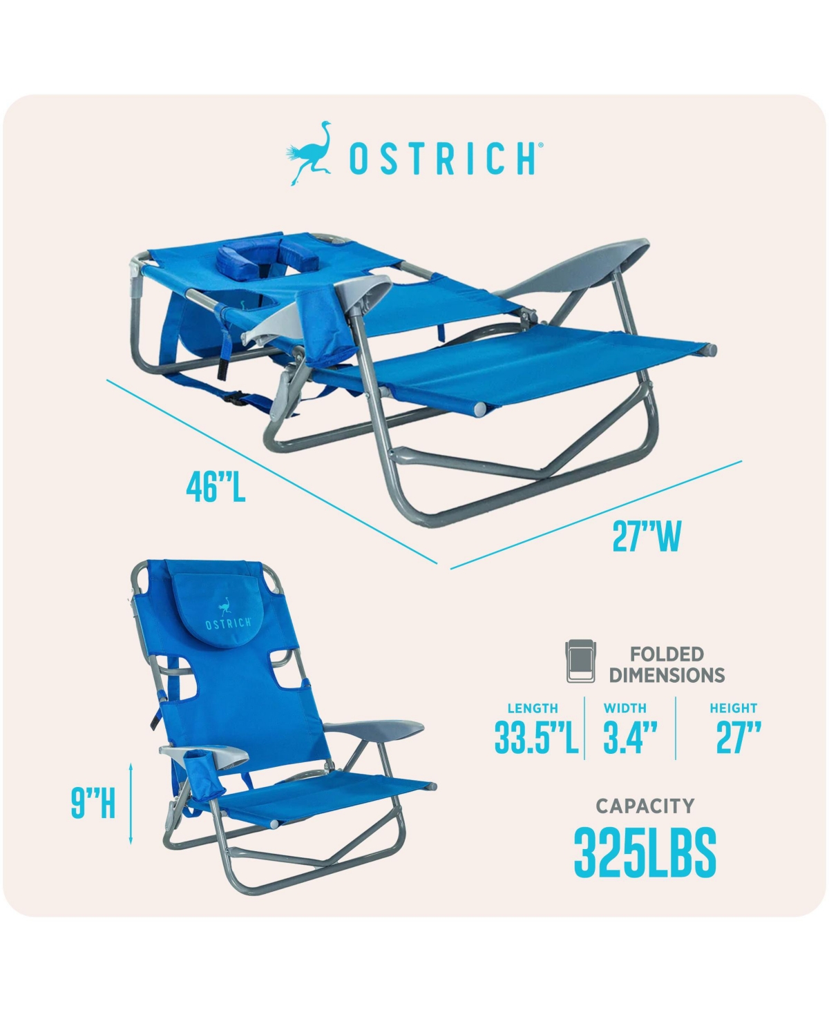 Ostrich On-Your-Back Outdoor Reclining Beach Lounge Pool Camping Chair