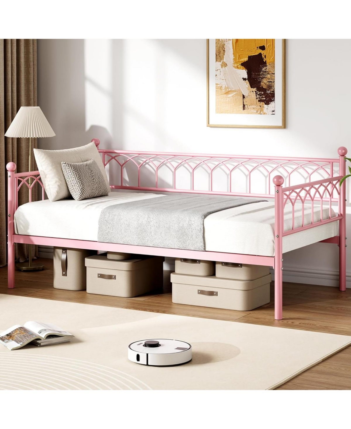 gaomon Daybed, Sofa Bed Frame with Metal Steel Slat Support, Heavy Duty Metal Bed Frame, Space Saving, Easy Assembly, for Small Spaces - Pink daybed