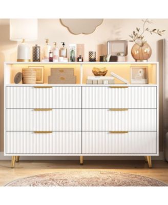 6 Drawers Dresser for Bedroom, 53.9" Wide Dressers with LED Lights and Charging Station, Curved Profile Design