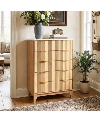 Fluted 5 Drawer Dresser with Handles - Modern Wood Chest of Drawers for Bedroom, Living Room, Entryway