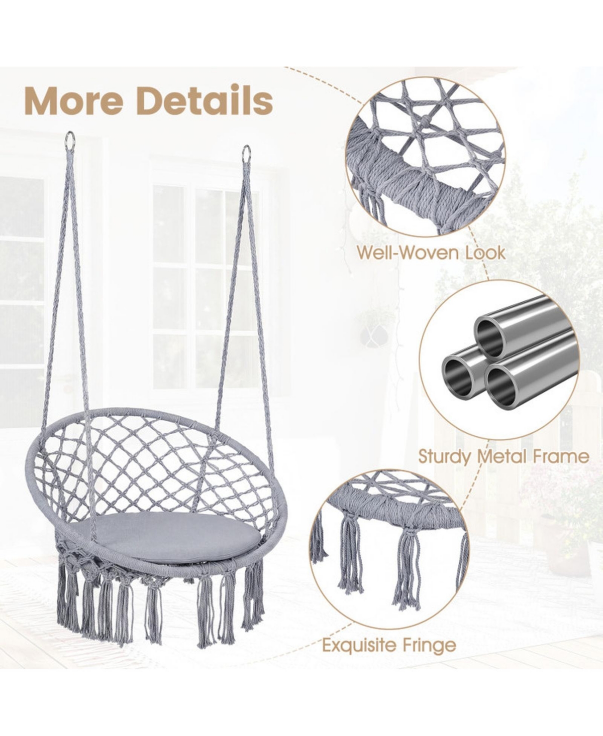 Sugift Macrame Hammock Swing Chair with Round Seat Cushion 2 Hanging Methods