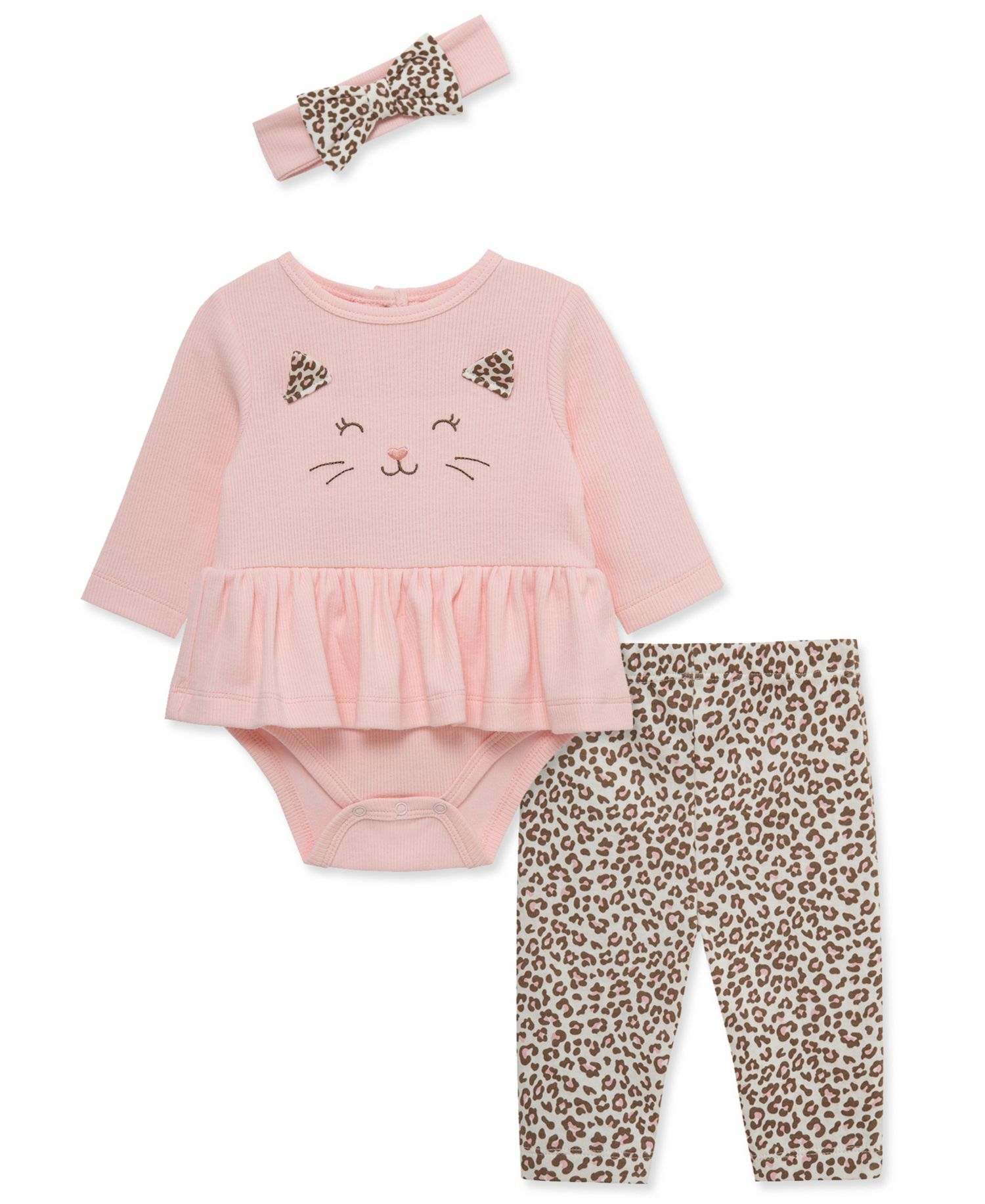 Baby Girls' Leopard Long-Sleeve Bodysuit, Pants and Headband, 3-Piece Set