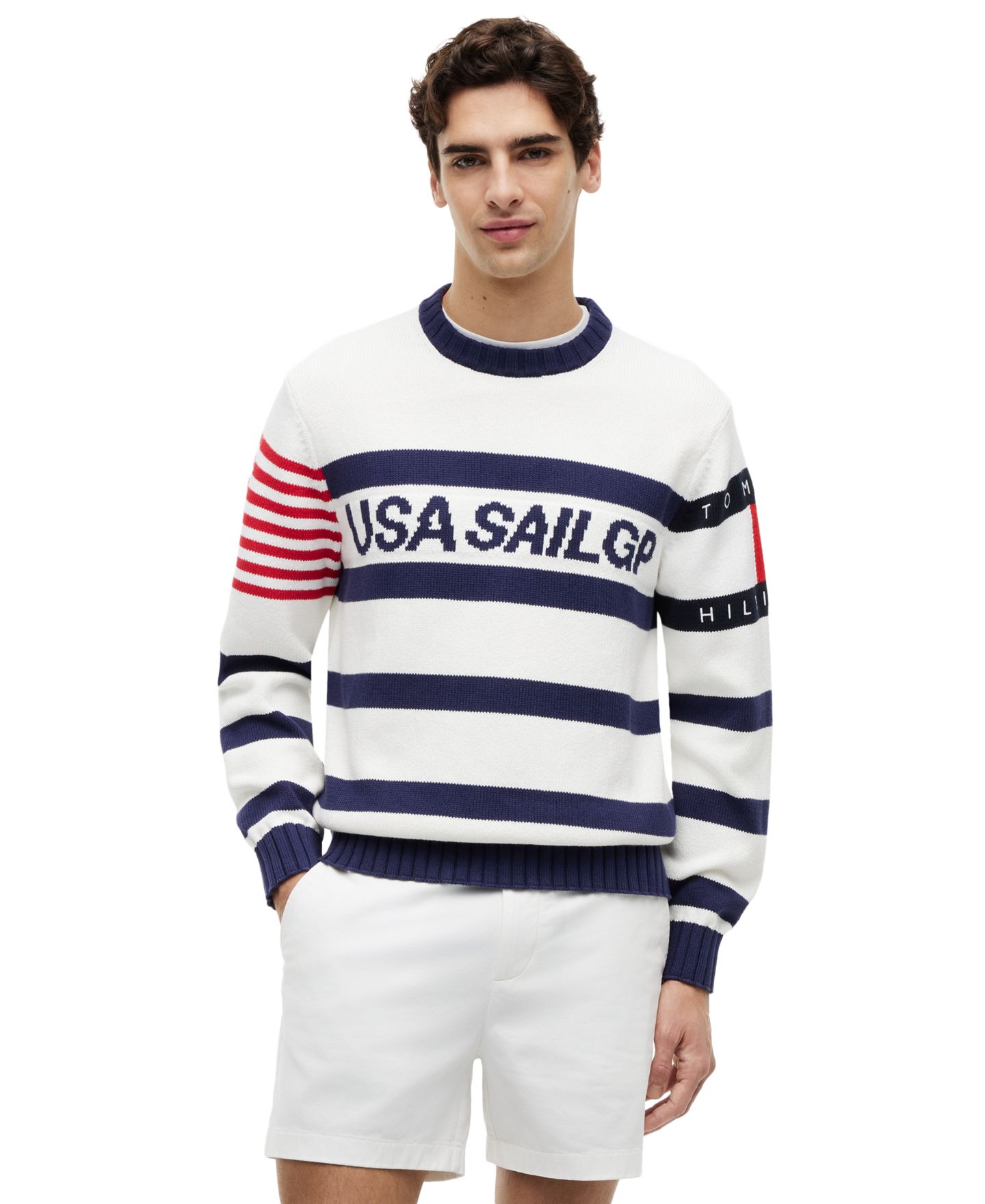 Мужской свитер Tommy Hilfiger x U.S. SailGP Stripe Crewneck, цвет: Экрю / Тёмно-синий — фото 2