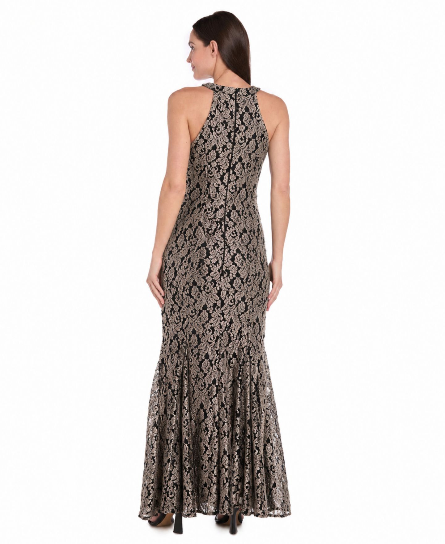 Женские платья R & M Richards Glitter Lace Halter Gown, цвет: Чёрный / Серо-коричневый — фото 3