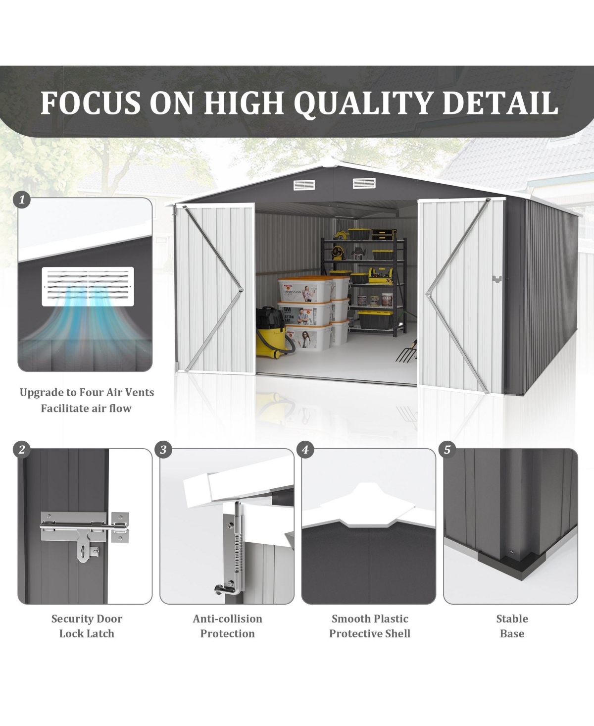 Mondawe 10 x 14 feet Outdoor Metal Storage Shed with 3 Lockable Doors Vents Sloped Roof