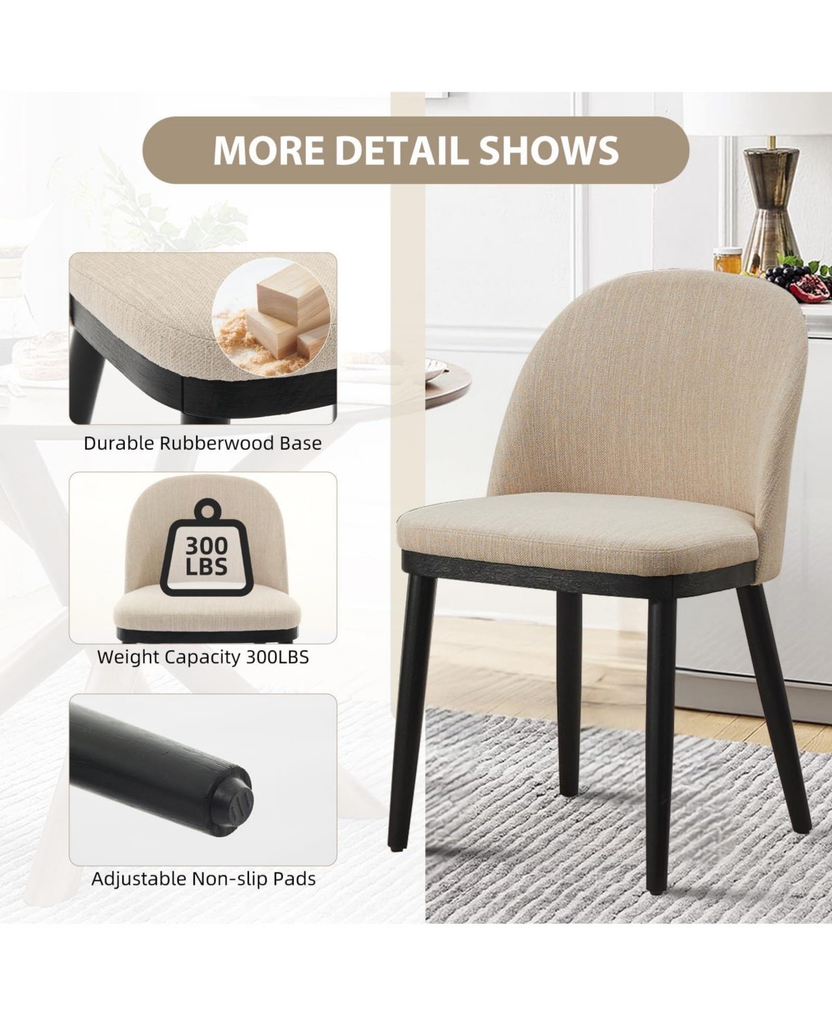 gaomon Set of 2 Modern Fabric Upholstered Dining Chairs, Curved Back Kitchen Side Seating with Solid Wood Legs
