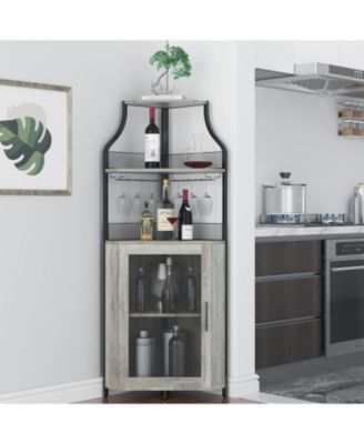 Corner Wine Cabinet with Detachable Wine Rack, 5-Tier Industrial Corner Bar Cabinet with Barn Door and Glass Holder, Farmhouse Buffet Cabinet