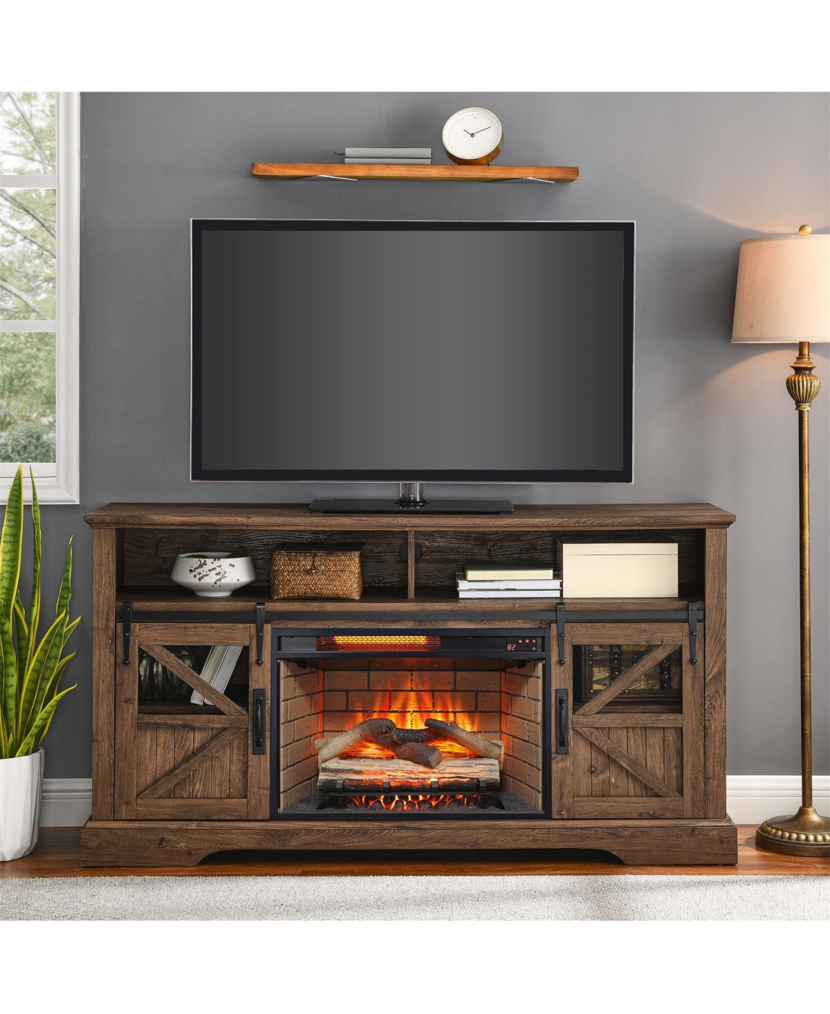 Clihome 60 Inch Tv Stand Electric Fireplace Entertainment Center with Sliding Door - Black
