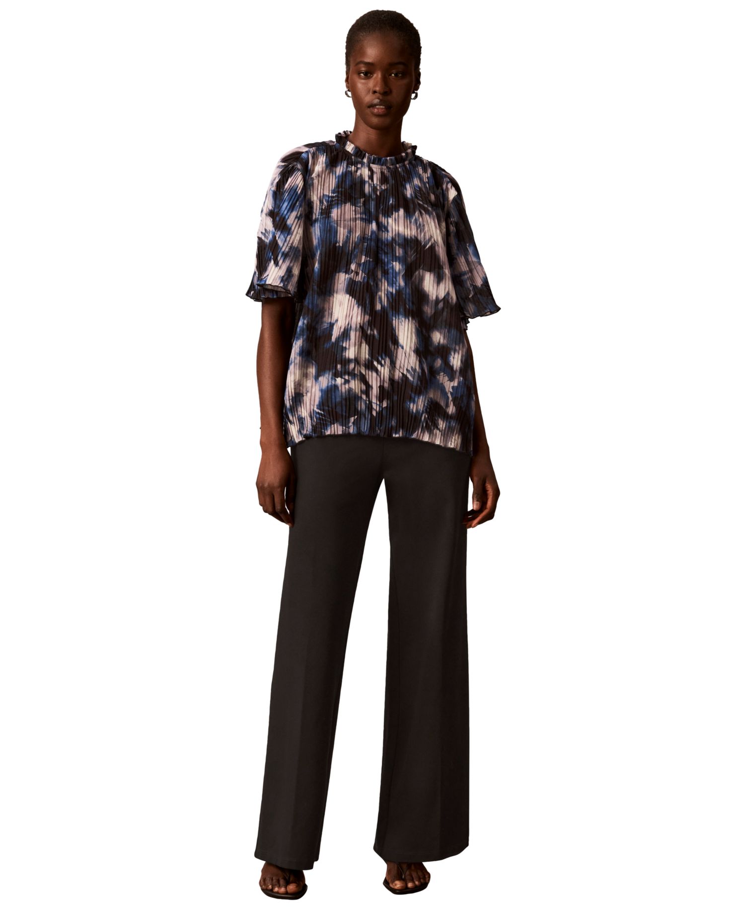 Petite Printed Ruffle Collar Top