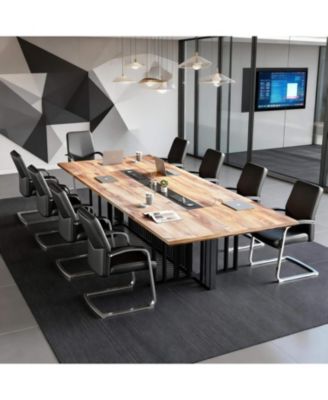 Conference Table with Wireless Charging - 2" Thick Top and Metal Grid Base 2 Built-in Power Outlets and USB