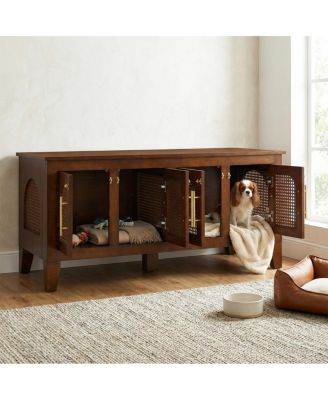 Lars Rattan and Rubber Wood 4-Door Dog Crate Cabinet Furniture