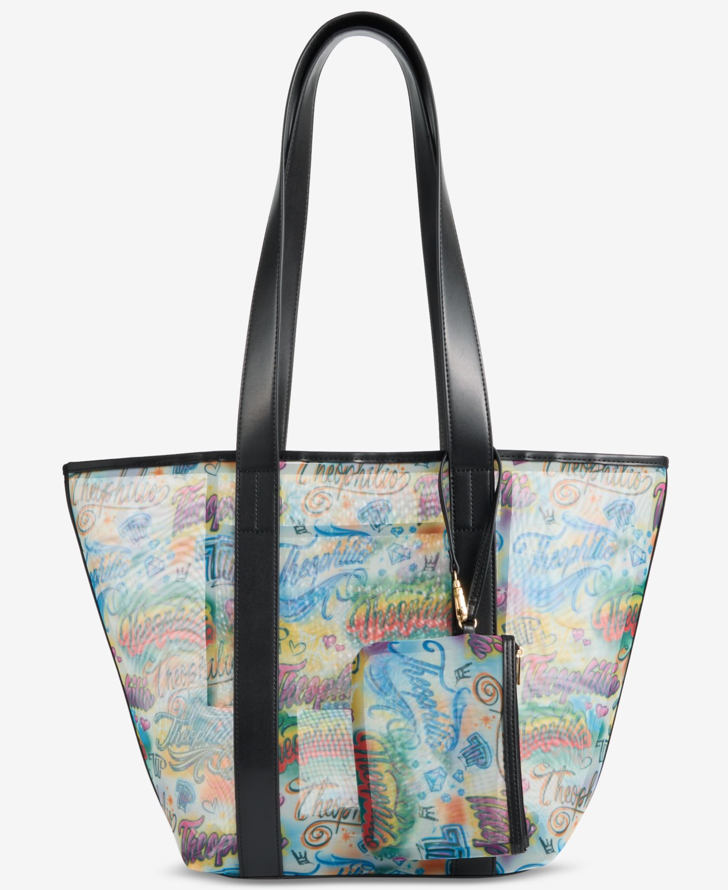 Graffiti Print Mesh Tote Bag & Removable Pouch Set