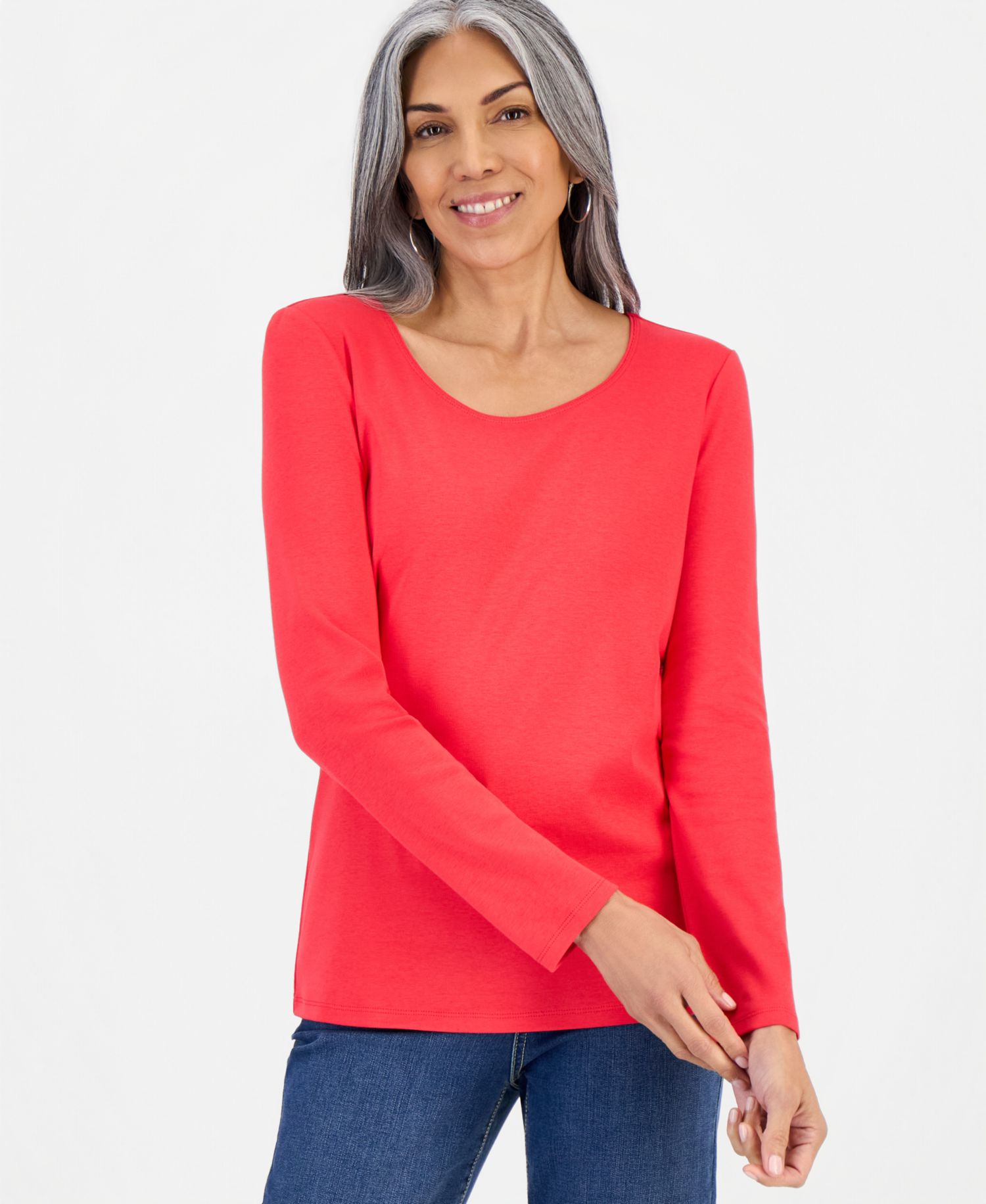 Petite Scoop-Neck Long-Sleeve Cotton Top