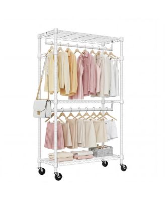 Heavy Duty 3-Tier Adjustable Rolling Garment Rack with 2 Rods and Hooks
