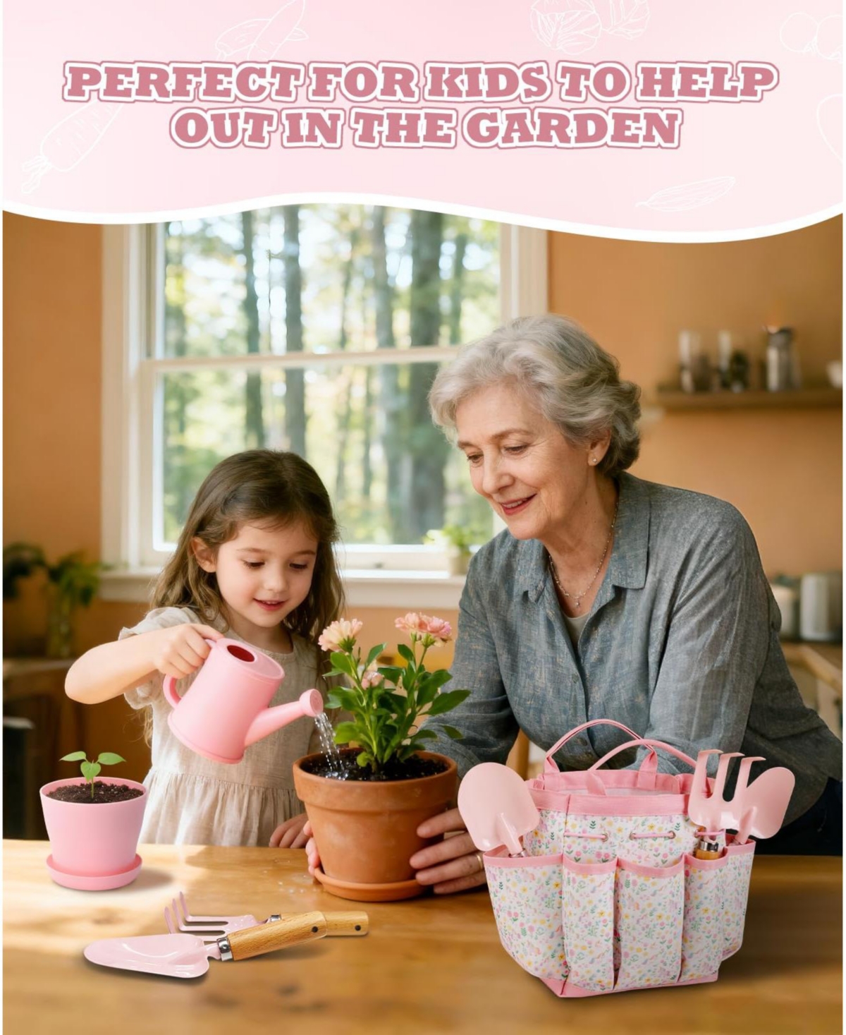 Xdovet Gardening Tools Kit Wooden Rake Shovels Gloves Watering Can Apron Tote Bag Kids Outdoor
