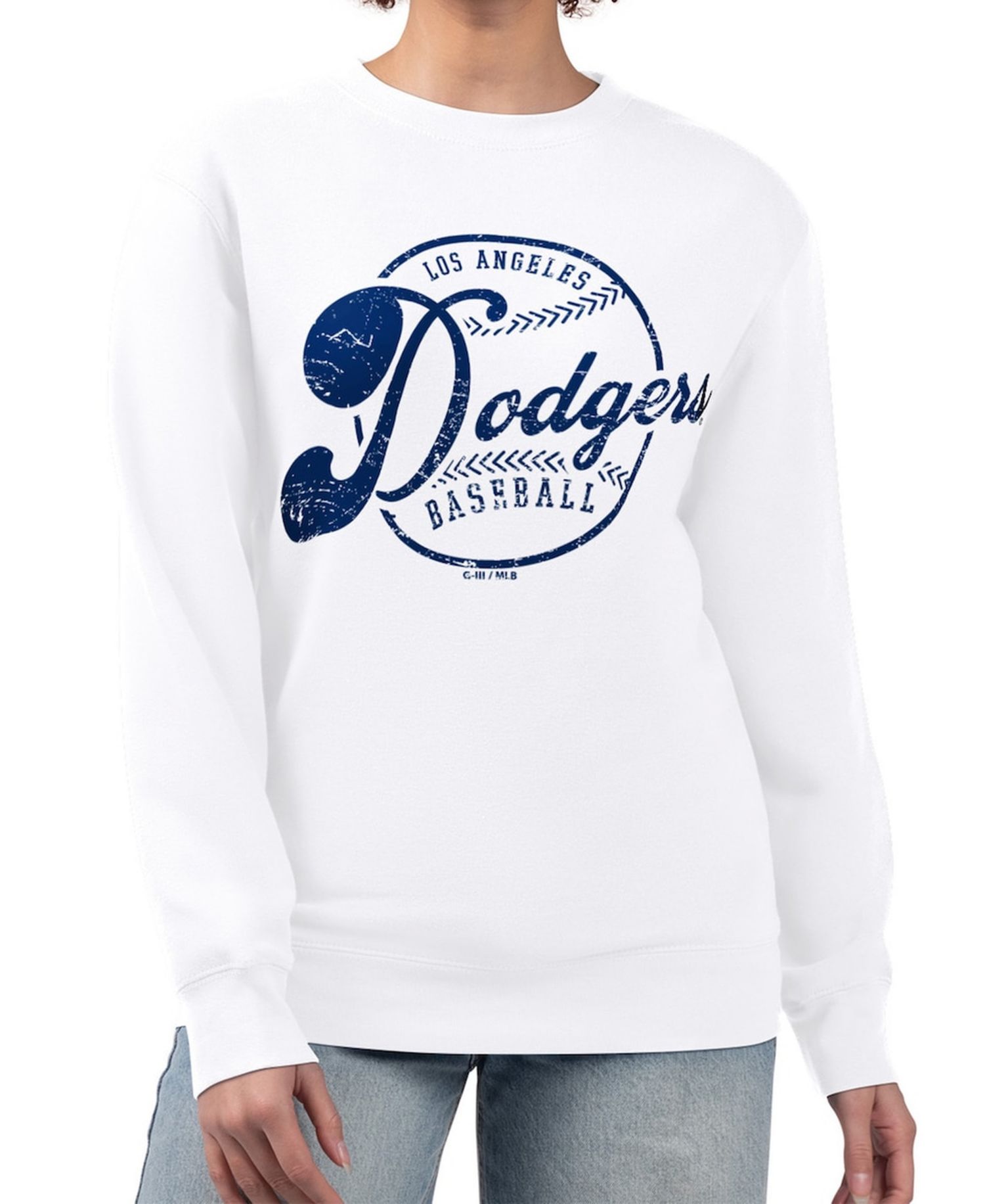 Women's White Los Angeles Dodgers Distressed Baseball Team Fleece Pullover Sweatshirt