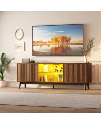 TV Stands for Living Room, 63" Mid Century Modern Entertainment Center with Storage and LED Lights, TV Console for TV up to 75 inch with Power