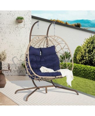 2-Person Rattan Hanging Egg Chair with Stand, Double Outdoor Swing