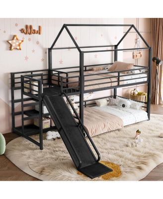 metal House Bunk Bed with Storage Stairs Slide Safety Rails