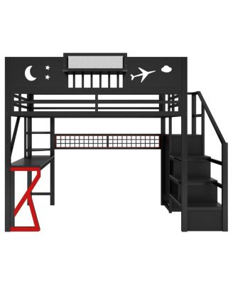 Full Size Metal Loft Bed with Stairs Wardrobe and Storage Shelf