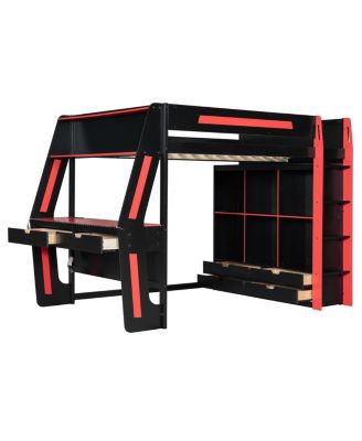  Full Size Gaming Loft Bed with Desk RGB Lights Storage and Staircase