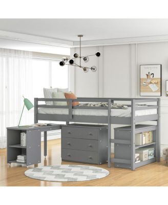  Low Study Twin Loft Bed with Cabinet and Rolling Portable Desk