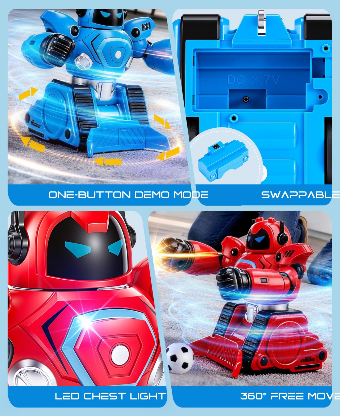 Детские игрушки SUGIFT 2-Pack Remote Control Fighting Robots, RC Boxing and Soccer Battle Set with LED Lights, 360degree(s) Movement, цвет: Синий / Красный — фото 4