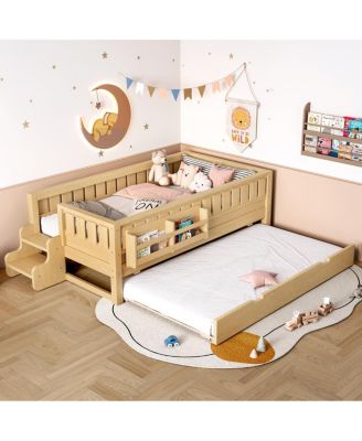 Bed with Bookshelves Staircase Safety Rails and Trundle Light