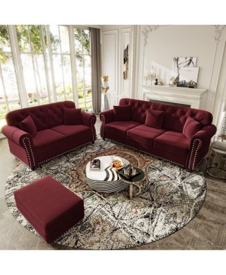 Velvet Chesterfield Sofa with Nailhead Trim and Ottoman