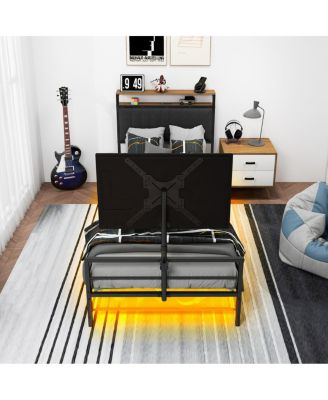 Twin Gaming Bed with Rotating TV Mount LED Lights and Console Storage