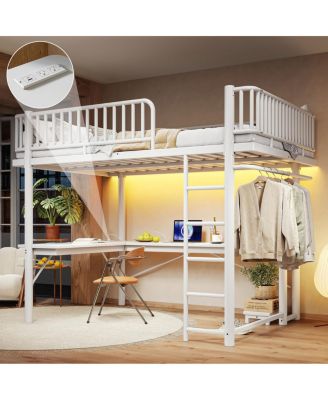 Queen Metal Loft Bed with L-Shaped Desk LED Lights and Charging Station