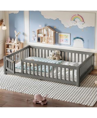 Full Size Bed Floor Bed with Safety Guardrails and Door for Kids