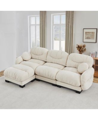 Pleated Chenille 3-Seater Modular L-Shape Sectional Sofa with Ottoman