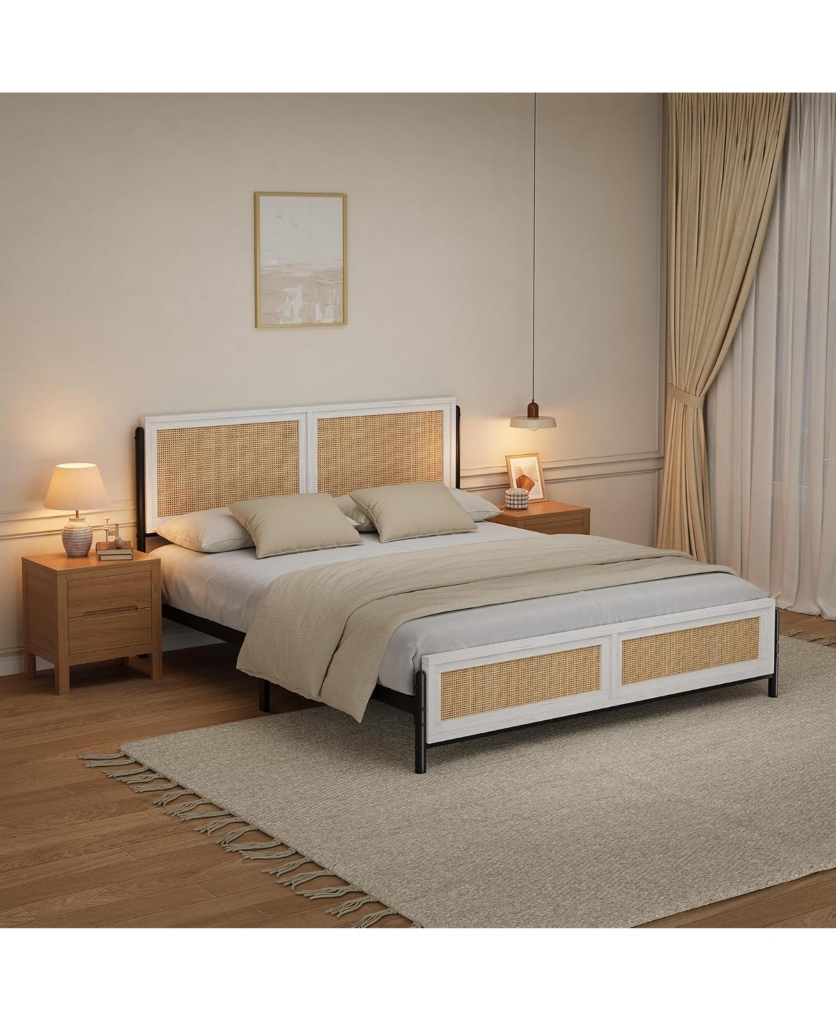 gaomon Boho Style Rattan Bed Frame with Rattan Headboard and Footboard Durable Wood and Metal Platform, Noise Free