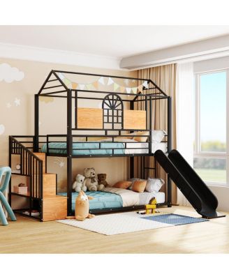  Twin Over Twin Metal House Bunk Bed with Slide and Storage Stairs