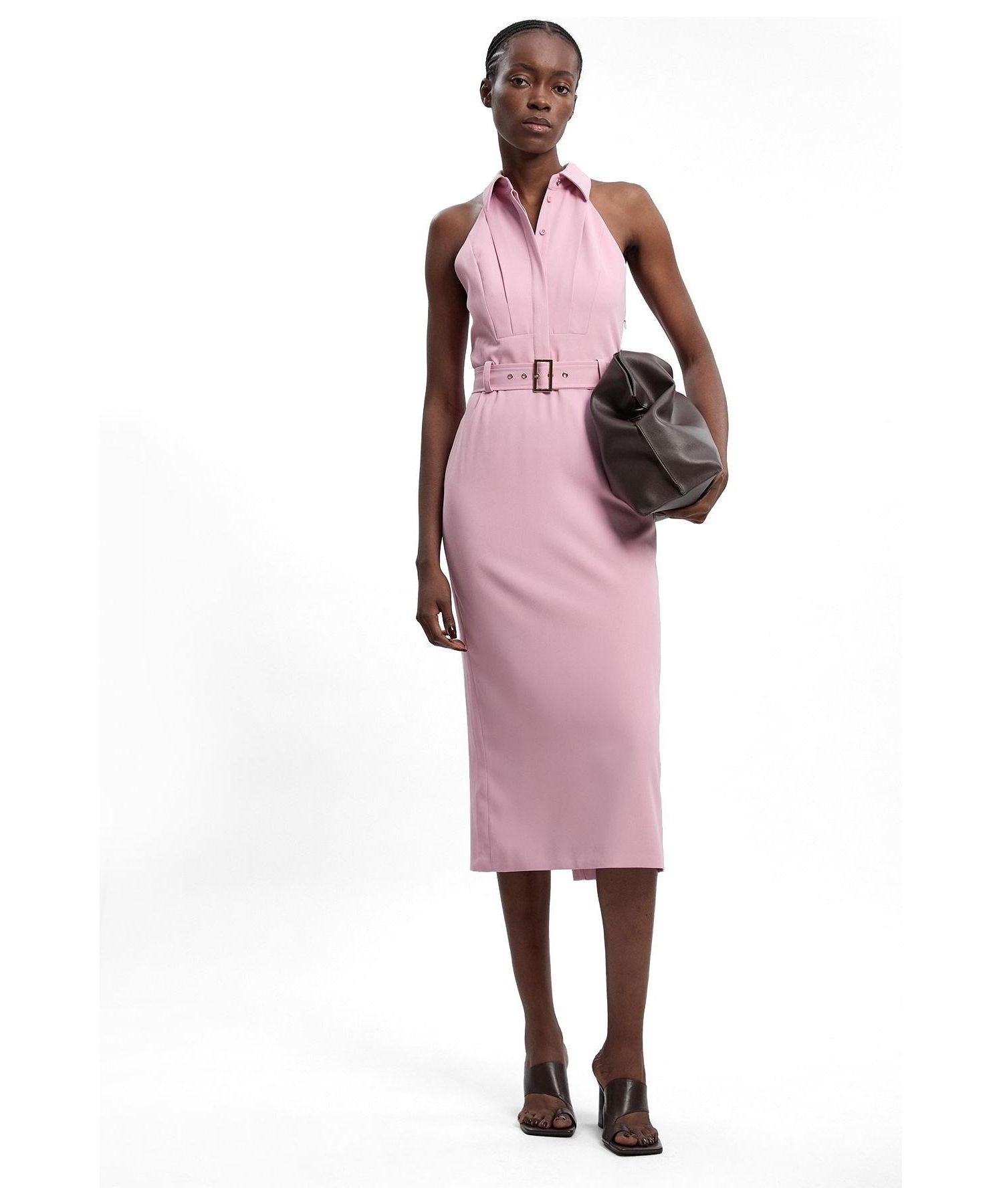 Women's Collard Halter Neck Belted Midi Dress