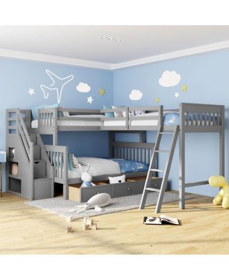 -Shaped Bunk Bed With 3 Drawers Ladder and Staircase