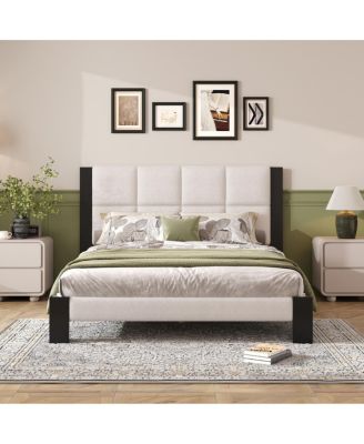 Boucle Queen Bed frame with Square-Stitched Headboard