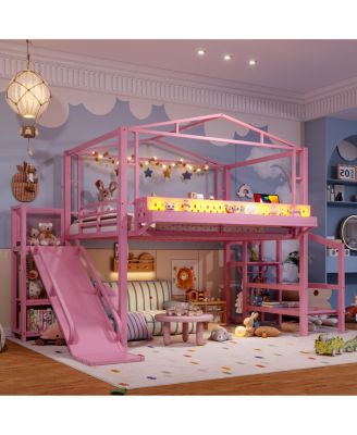 Metal Loft Bed with Storage Wardrobe USB and LED Lights
