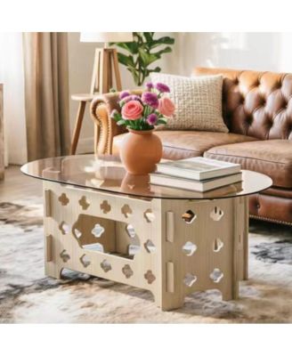  Modern Oval Tempered Glass Coffee Table with Hidden Cat Nest and Wood Base