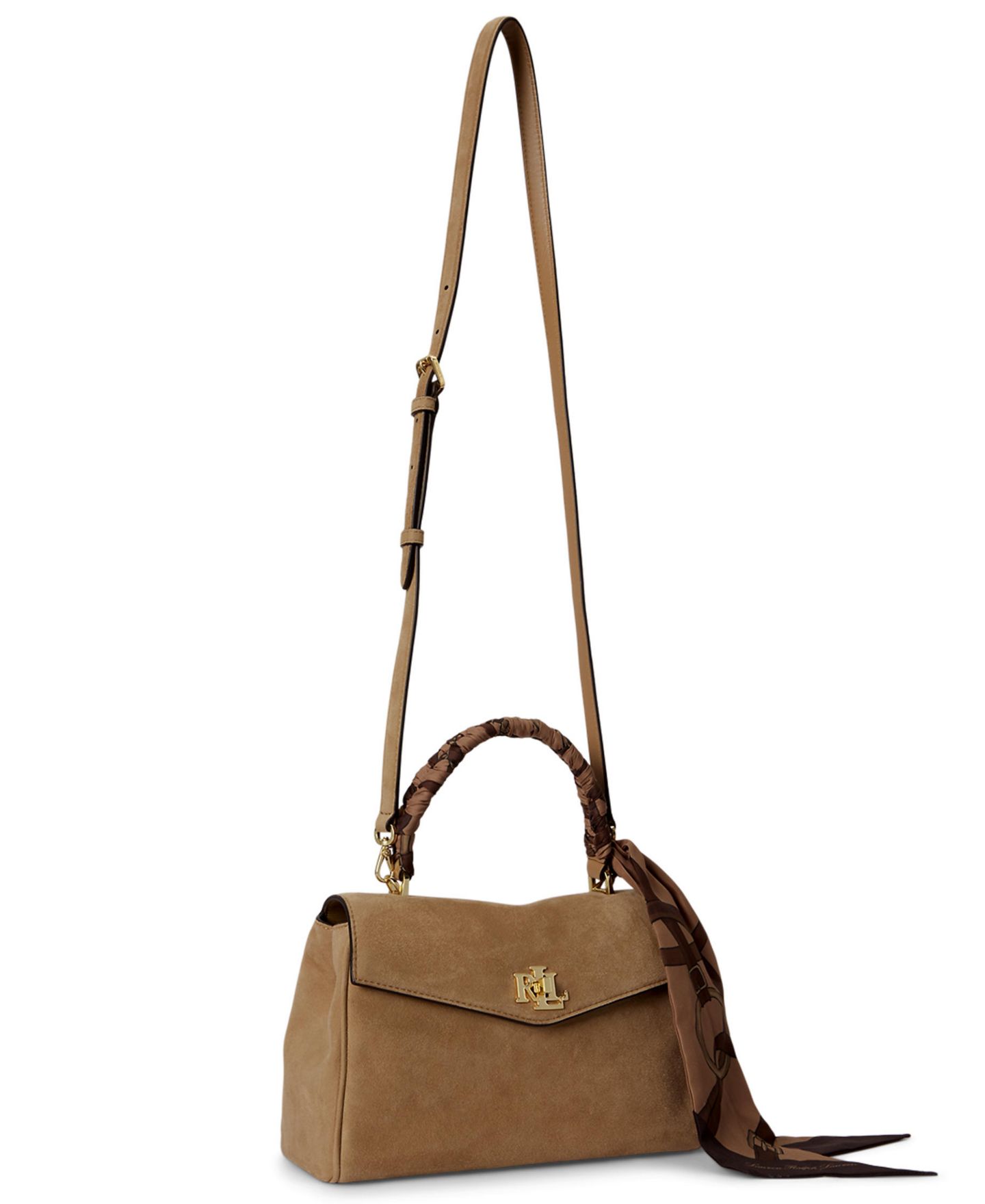 Женская сумка Lauren Ralph Lauren Farrah Suede Scarf Trim Small Soft Satchel, цвет: Верблюжий разноцветный — фото 4