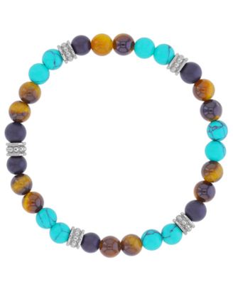Men's Platinum-Plated Onyx Tiger Eye Turquoise Stretch Bracelet