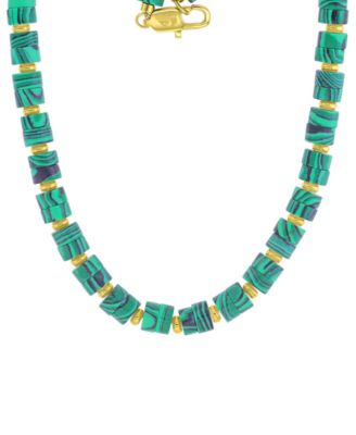 Quiksilver Men's 18k Gold-Plated Steel Yellow Malachite Polished Plate Beads Necklace - Gold/Emerald