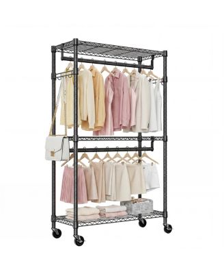 Heavy Duty 3-Tier Rolling Garment Rack with 2 Rods and Side Hooks