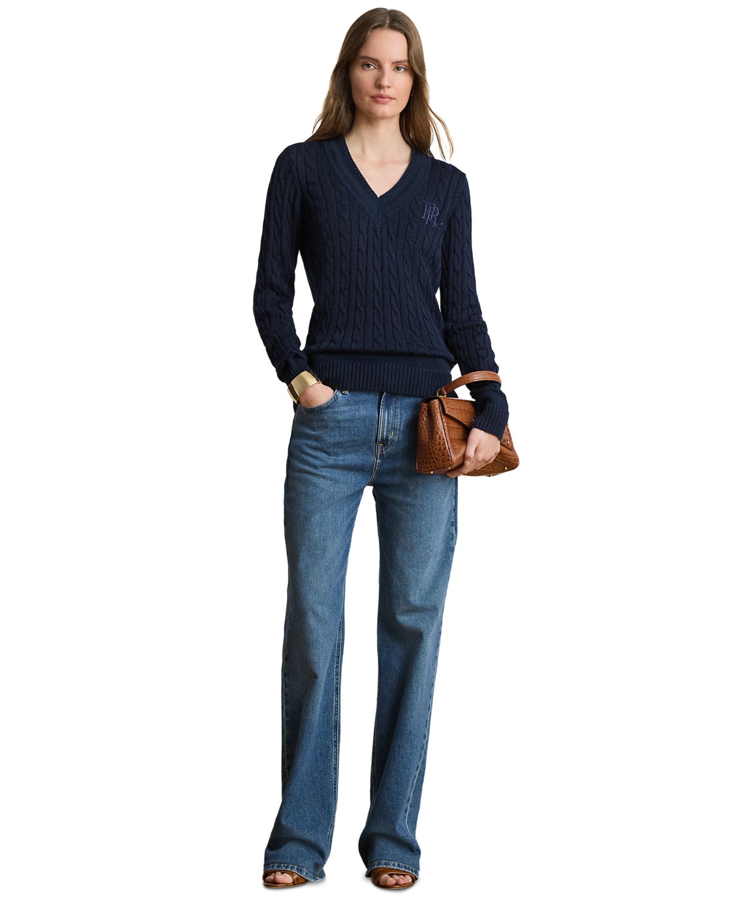 Petite Long-Sleeve V-Neck Cable Knit Sweater