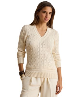 Petite Long-Sleeve V-Neck Cable Knit Sweater