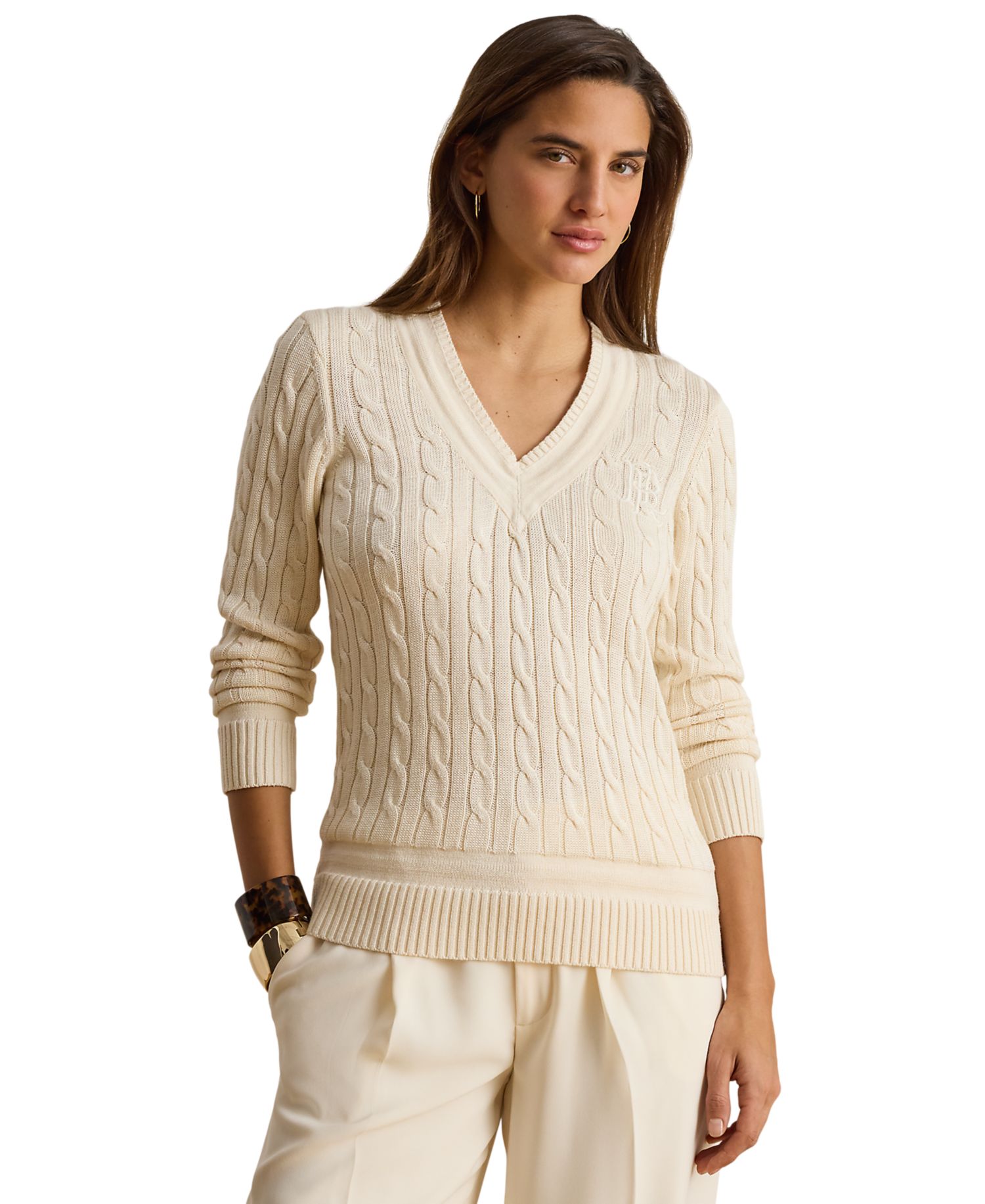 Petite Long-Sleeve V-Neck Cable Knit Sweater